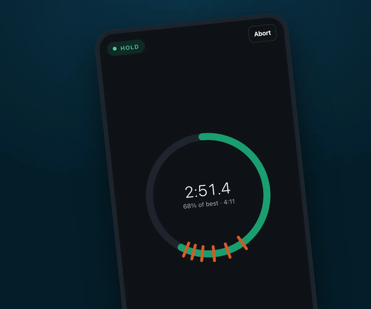 Apnea app during a max hold, with contraction marks on the timer ring
