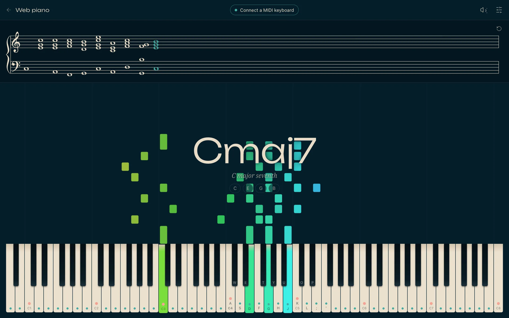 The web piano naming a chord above the keyboard, with the notes written on a grand staff