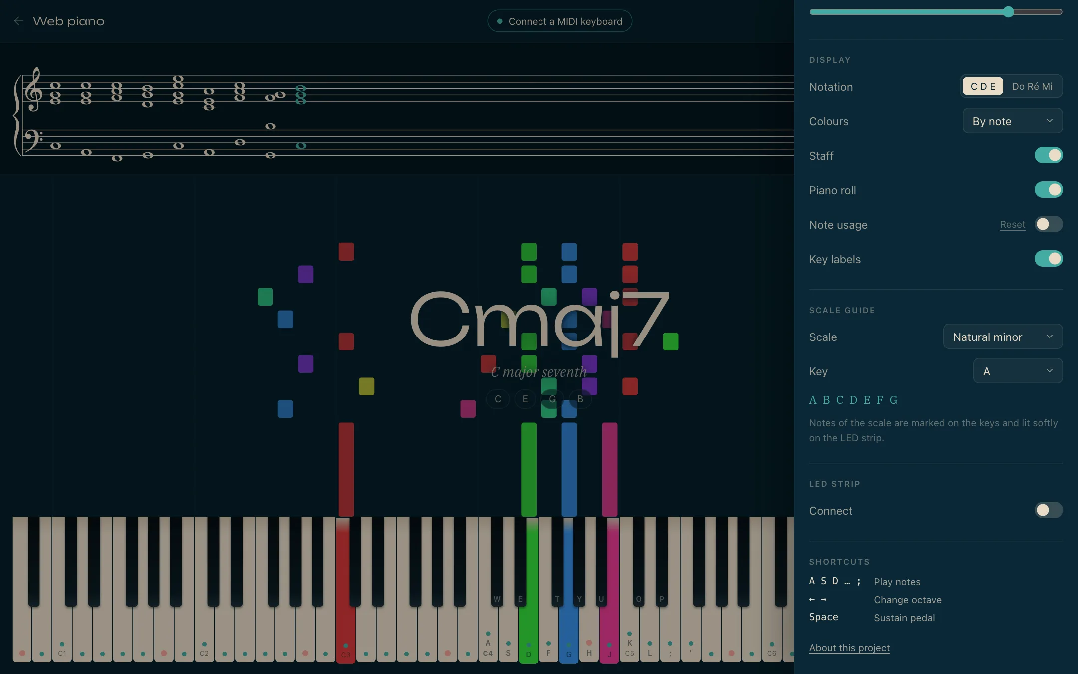 Settings panel of the web piano, with the scale guide marking the notes of a scale on the keys